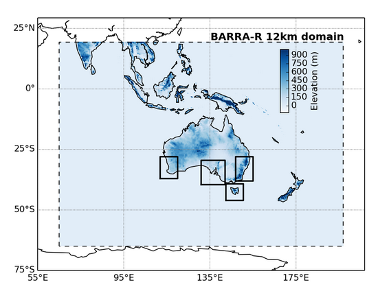 BARRA domains and sub-domains (Sourced from BOM http://www.bom.gov.au/research/projects/reanalysis/)